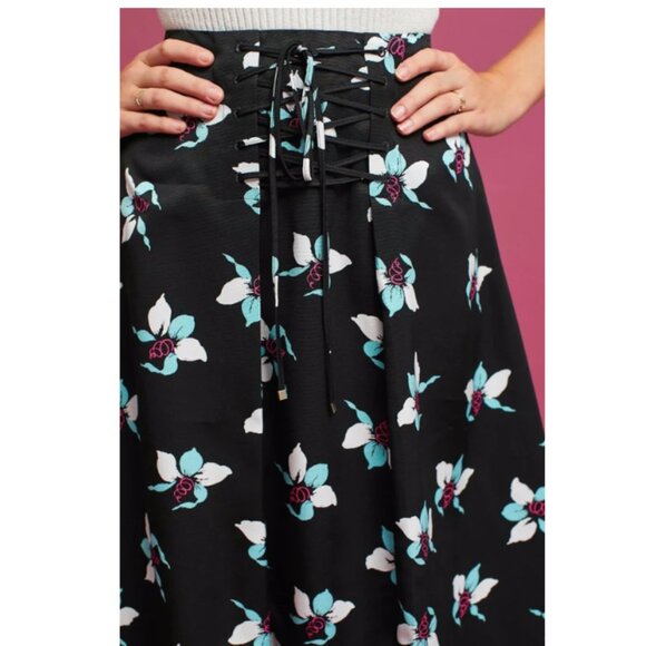 Anthropologie Maeve Midi Skirt 4 Black Blue Floral Lace-Up A-Line High Waist - Picture 5 of 9